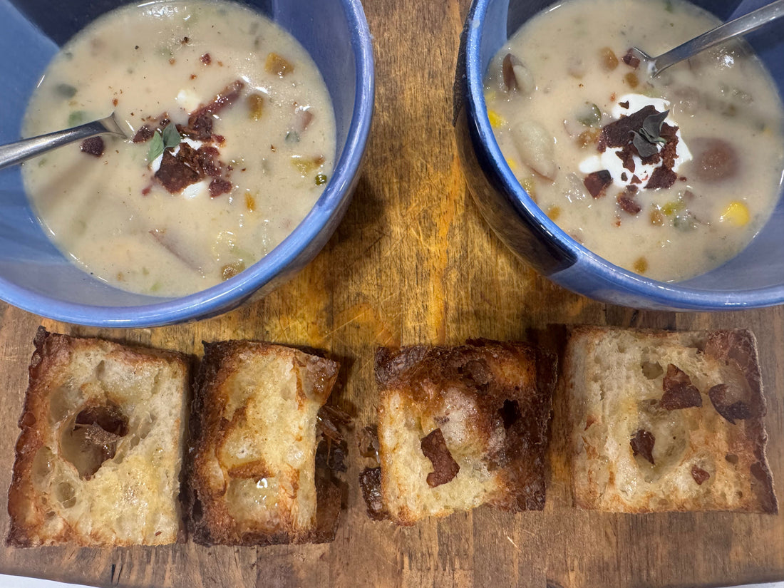 Texas Lobster Stock Corn and Red Potato Chowder with Fresh Thyme and Brandy