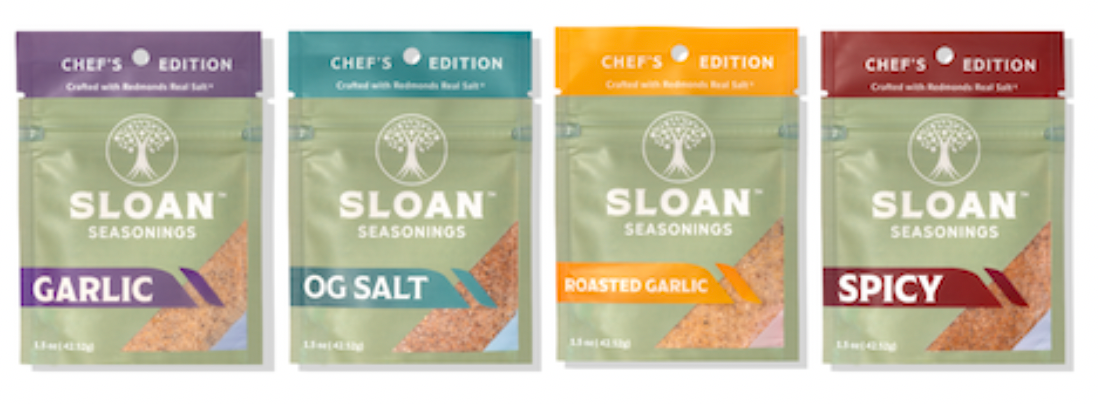 Sloan Seasonings Chef's Edition Redmond Real Salt 4 pack travel packs- Garlic, OG, Roasted Garlic and Spicy 