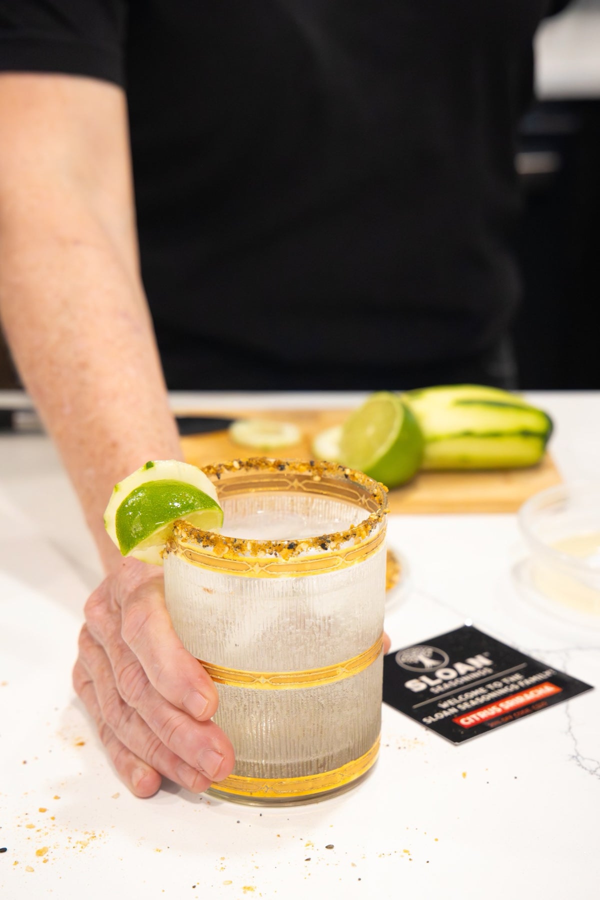 Sloan applying small-batch rim salt