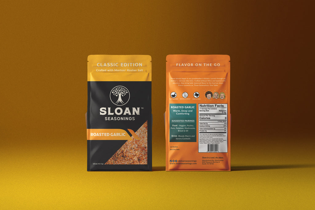 Sloan Seasonings Roasted Garlic Classic Edition seasoning salt travel pack styled product shot