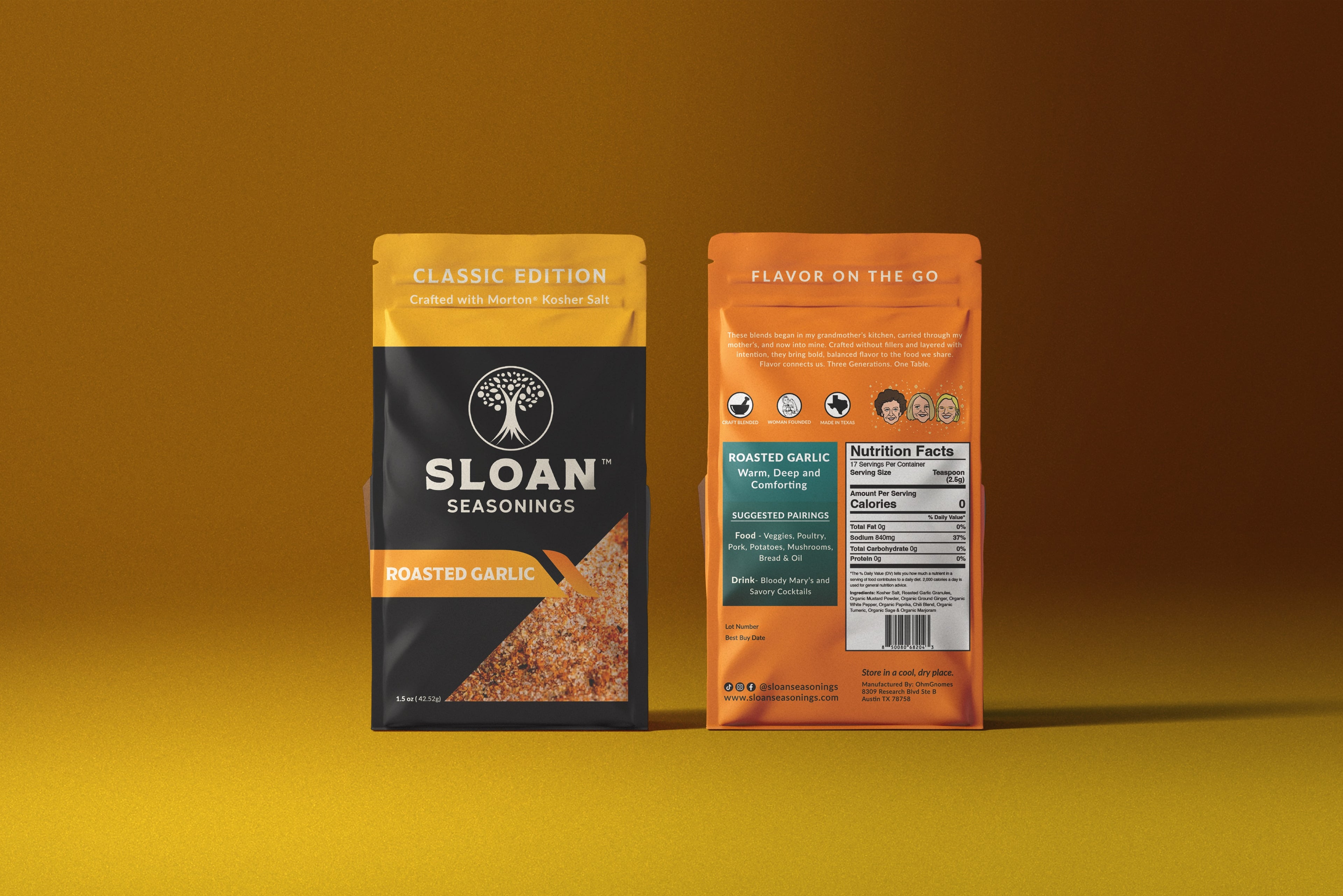 Sloan Seasonings Roasted Garlic Classic Edition seasoning salt travel pack styled product shot